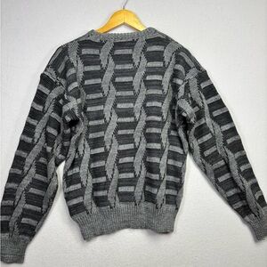 Vintage 80s/90s Barnaby CabincoreGeometric Knit "Grandpa" Sweater - Gray & Black